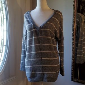 Check and stripe v neck sweater, S, grey and white